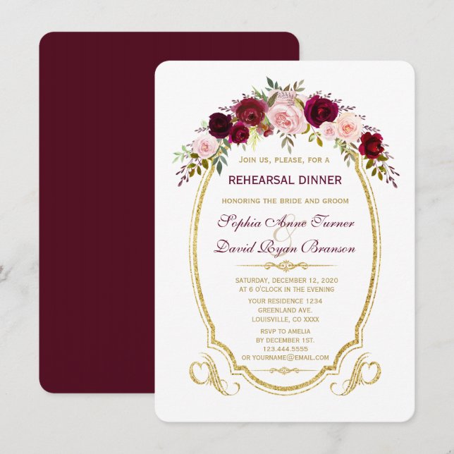 Burgundy Marsala Floral Fall Rehearsal Dinner Invitation (Front/Back)