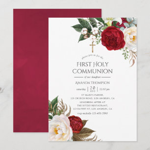 Burgundy - Marsala Floral First Holy Communion Invitation