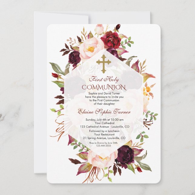 Burgundy Marsala Floral Geometric Holy Communion Invitation (Front)