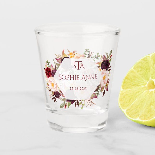 Burgundy Marsala Floral Geometric  Monogram Shot Glass (Front)