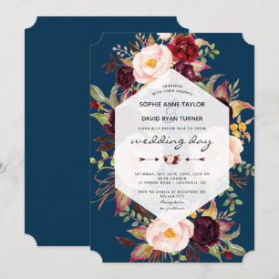 Burgundy Marsala Floral Geometric Navy Wedding Invitation