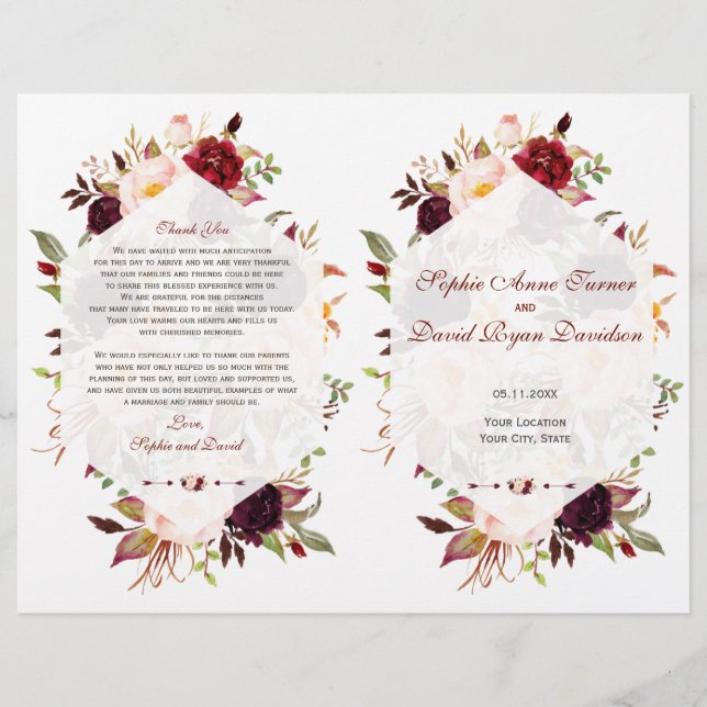 Burgundy Marsala Floral Geometric Wedding Program (Front)