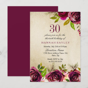 Burgundy Marsala Floral Gold 30th Birthday Invite