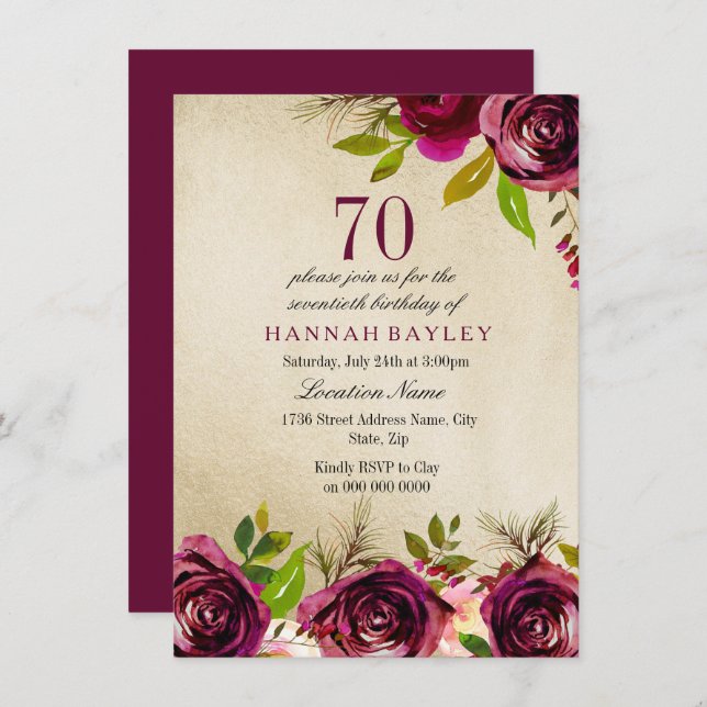 Burgundy Marsala Floral Gold 70th Birthday Invite (Front/Back)