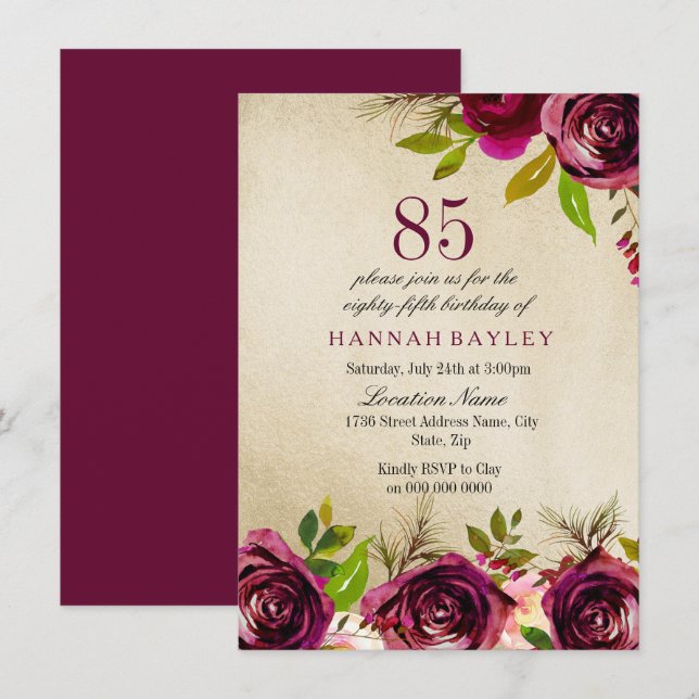 Burgundy Marsala Floral Gold 85th Birthday Invite (Front/Back)