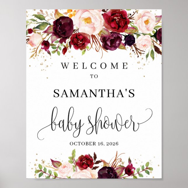 Burgundy marsala floral gold baby shower welcome poster (Front)