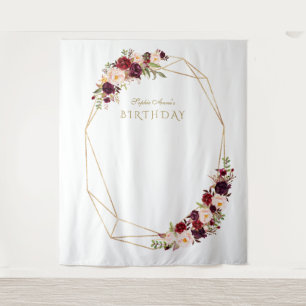 Burgundy Marsala Floral Gold Birthday Photo Booth Tapestry