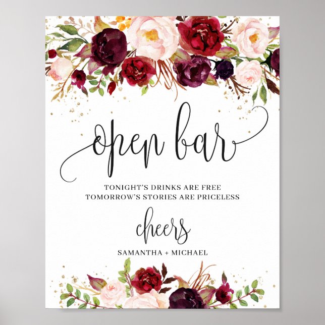 Burgundy marsala floral gold boho open bar sign (Front)