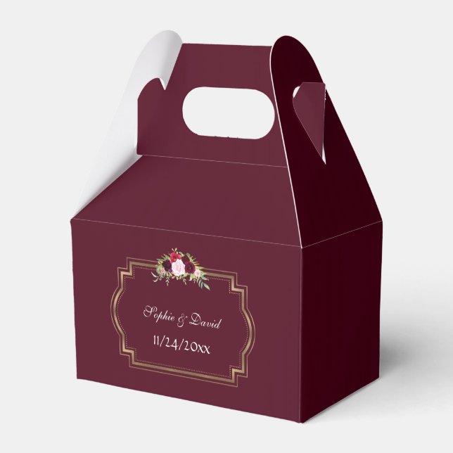 Burgundy Marsala Floral Gold Fall Wedding Favour Box (Front Side)