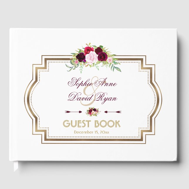Burgundy Marsala Floral Gold Fall Wedding Guest Book (Front)