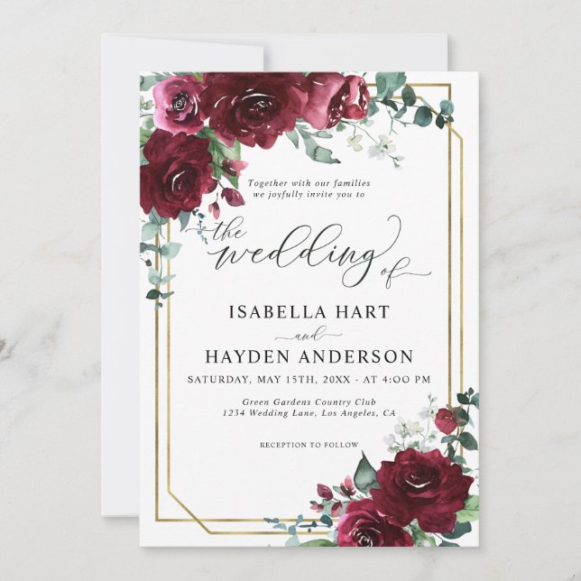 Burgundy Marsala Floral  Gold Frame Wedding Invitation (Front)