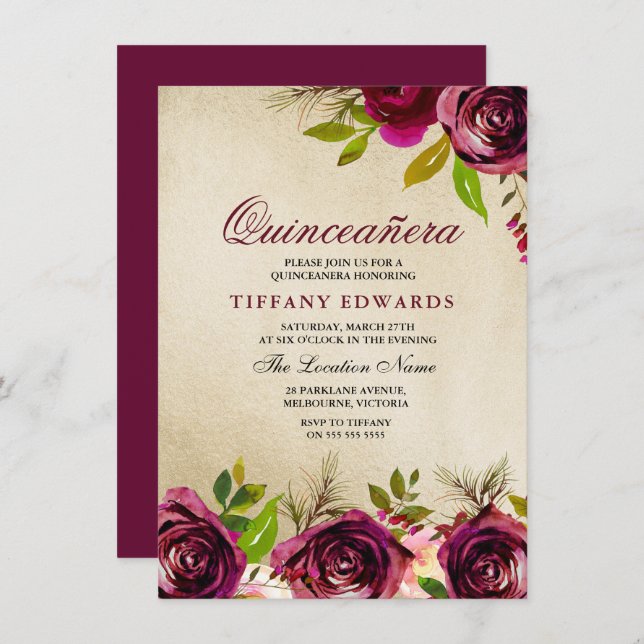 Burgundy Marsala Floral Gold Quinceañera Invite (Front/Back)