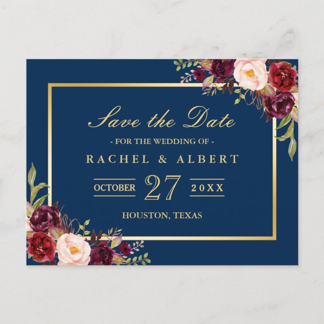 Burgundy Marsala Floral Gold Wedding Save the Date Announcement Postcard (Front)