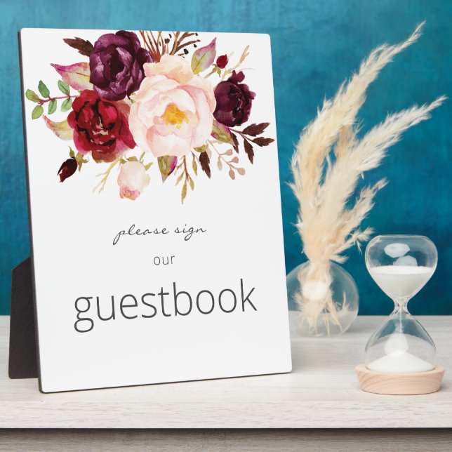Burgundy Marsala Floral Guestbook Sign White Plaque (Side)