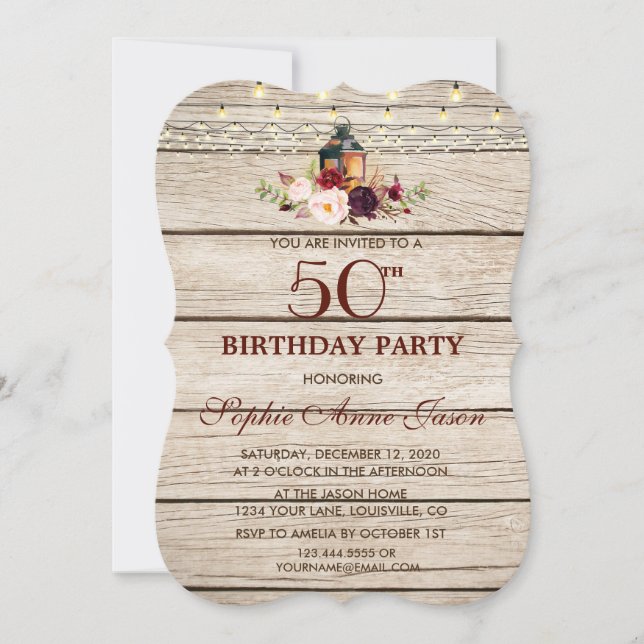 Burgundy Marsala Floral Lantern 50th Birthday Invitation (Front)