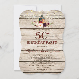Burgundy Marsala Floral Lantern 50th Birthday Invitation