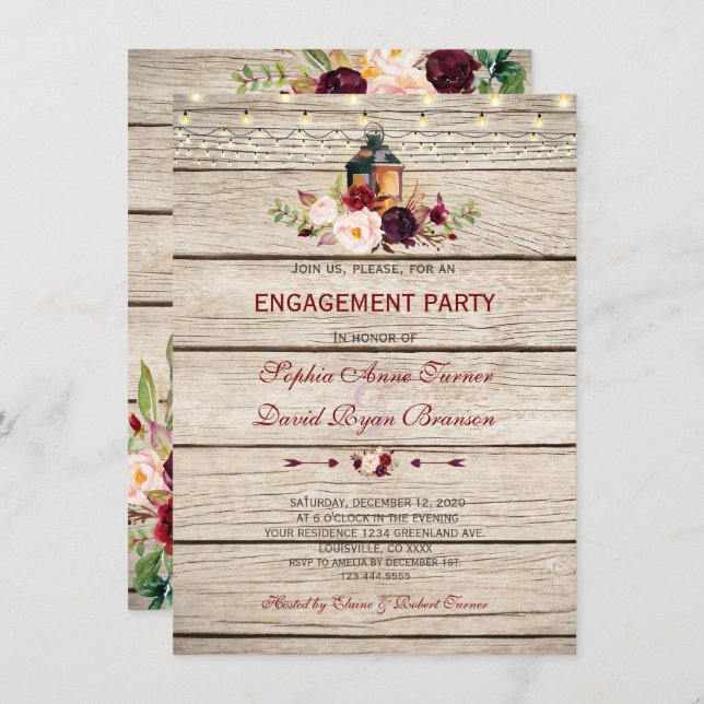 Burgundy Marsala Floral Lantern  Engagement Party Invitation (Front/Back)
