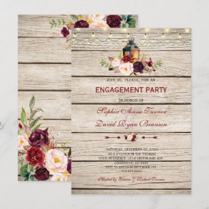 Burgundy Marsala Floral Lantern  Engagement Party Invitation