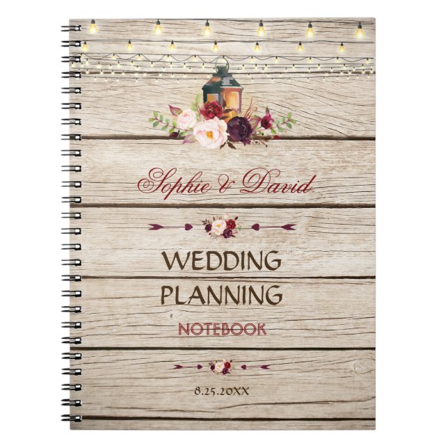 Burgundy Marsala Floral Lantern Wedding Planner Notebook (Front)