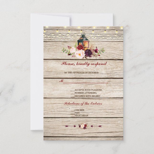 Burgundy Marsala Floral Lantern Wedding RSVP (Front)