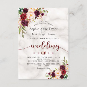 Burgundy Marsala Floral Marble Handwriting Wedding Invitation