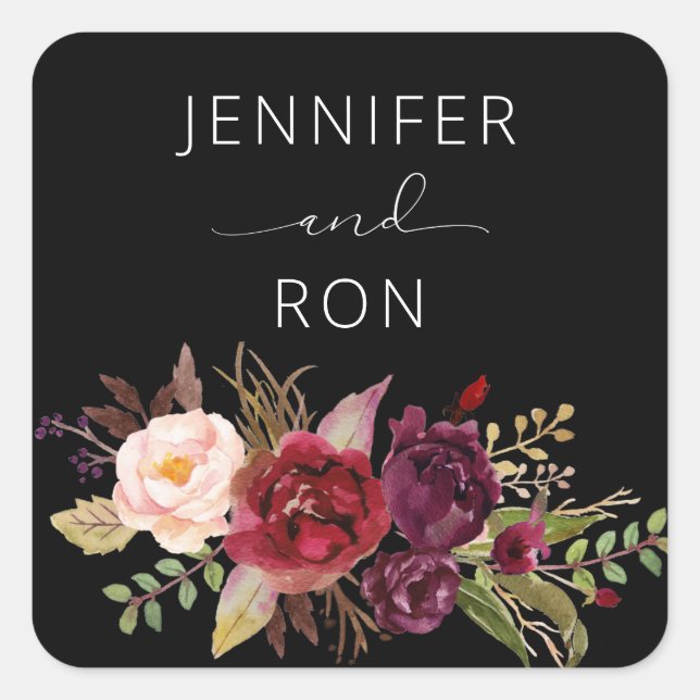 Burgundy Marsala Floral Name - Black Square Sticker (Front)
