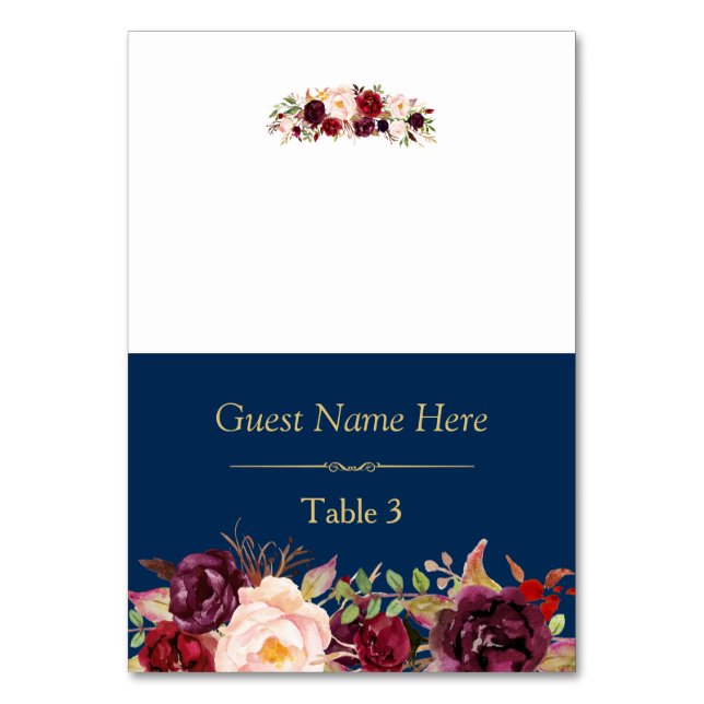 Burgundy Marsala Floral Navy Blue Wedding Place Table Number (Front)