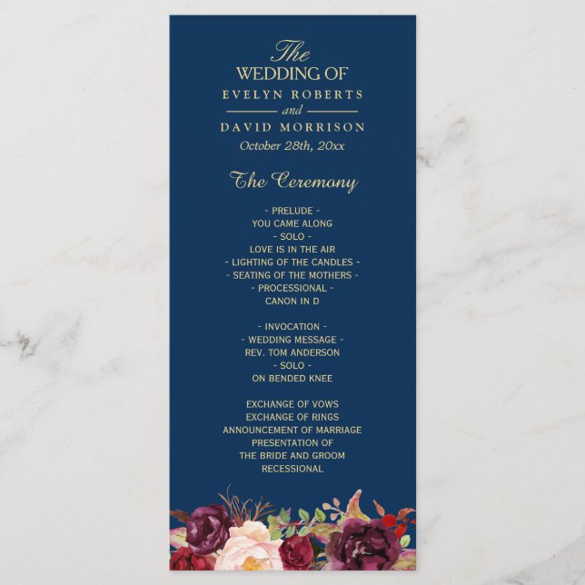 Burgundy Marsala Floral Navy Blue Wedding Program Programme (Front)