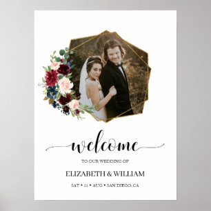 Burgundy Marsala Floral Photo Wedding Welcome Sign
