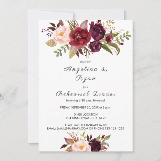 Burgundy Marsala Floral Rehearsal Dinner White Invitation (Front)