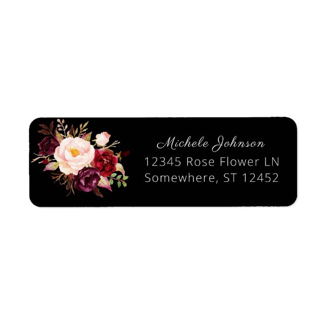 Burgundy Marsala Floral Return Address 2 Black (Front)