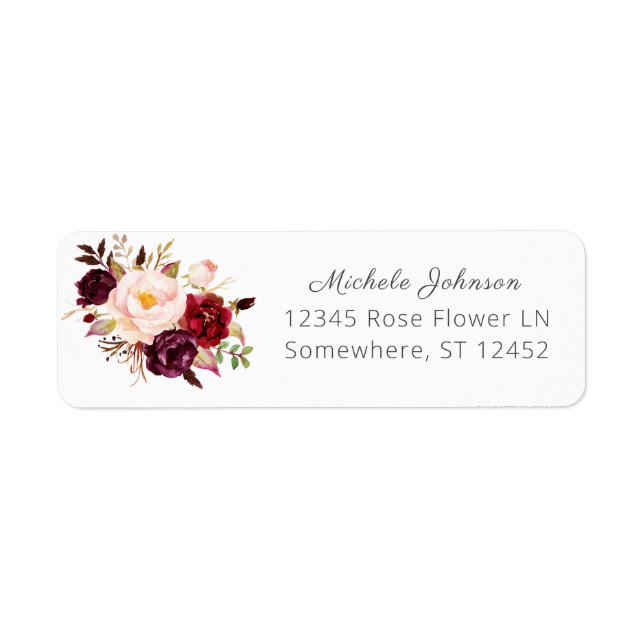 Burgundy Marsala Floral Return Address 2 White (Front)