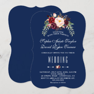 Burgundy Marsala Floral Royal Navy Blue Wedding Invitation