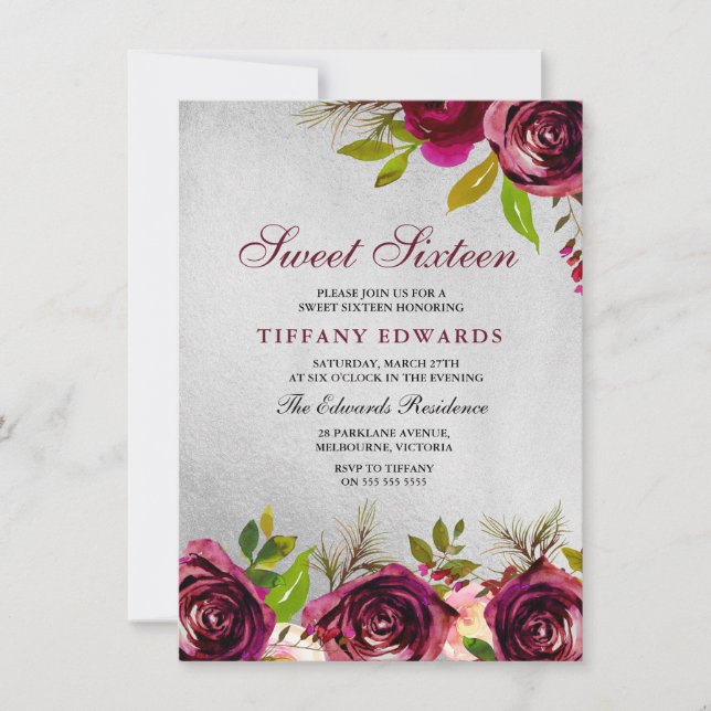 Burgundy Marsala Floral Silver Sweet 16 Invitation (Front)