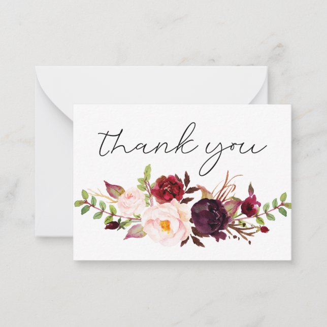 Burgundy Marsala Floral Small Thank You White Card (Front)