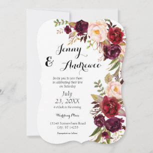 Burgundy Marsala Floral Wedding 2 White Invitation