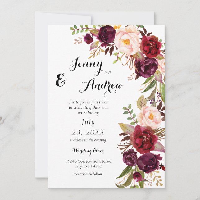 Burgundy Marsala Floral Wedding 3 White Invitation (Front)