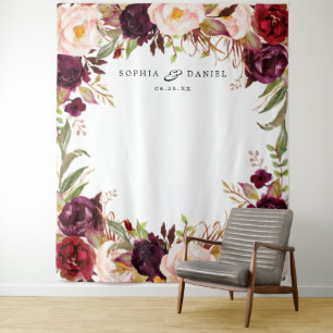 Burgundy Marsala Floral Wedding Decor Backdrop Tapestry