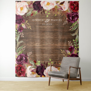 Burgundy Marsala Floral Wedding Decor Backdrop Tapestry