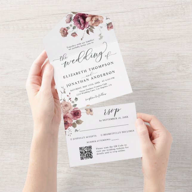 Burgundy Marsala Floral Wedding Details QR RSVP All In One Invitation (Tearaway)