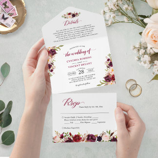 Burgundy Marsala Floral Wedding Details RSVP All In One Invitation