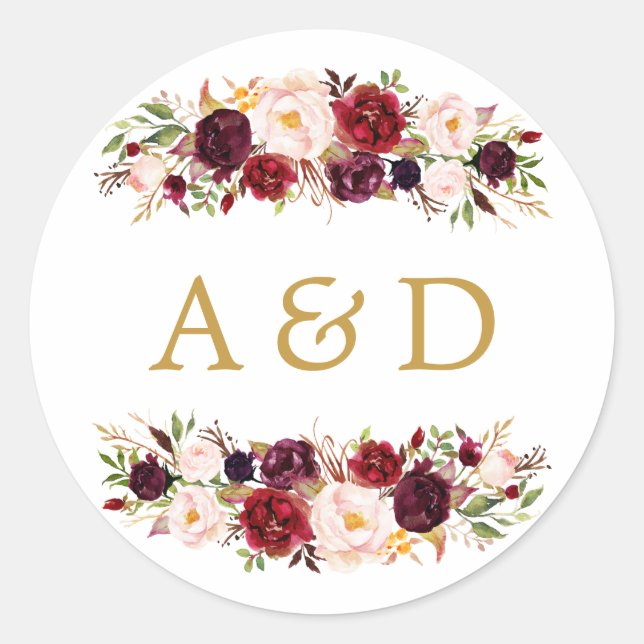 Burgundy Marsala Floral Wedding Favour Sticker (Front)
