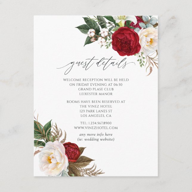 Burgundy - Marsala Floral Wedding Guest Details Enclosure Card (Front)