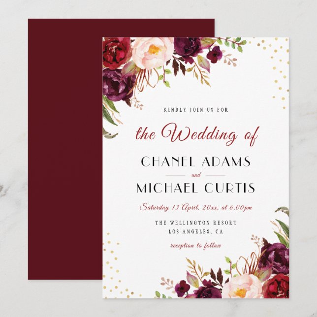 burgundy marsala floral wedding invitation (Front/Back)