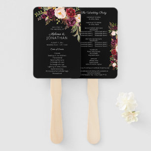 Burgundy Marsala Floral Wedding Program Black V2 Hand Fan