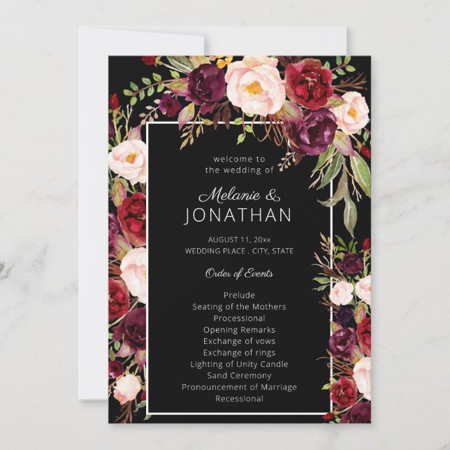 Burgundy Marsala Floral Wedding Program Black V3 Invitation (Front)