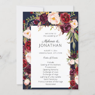 Burgundy Marsala Floral Wedding Program Navy Invitation