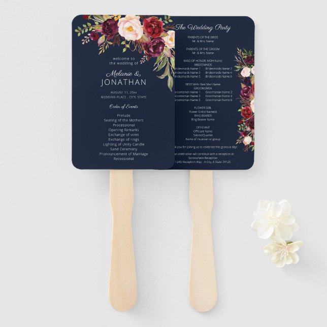 Burgundy Marsala Floral Wedding Program Navy V2 Hand Fan (Front and Back)