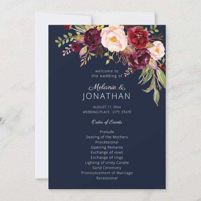 Burgundy Marsala Floral Wedding Program Navy V2 Invitation (Front)