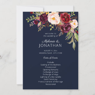 Burgundy Marsala Floral Wedding Program Navy V2 Invitation
